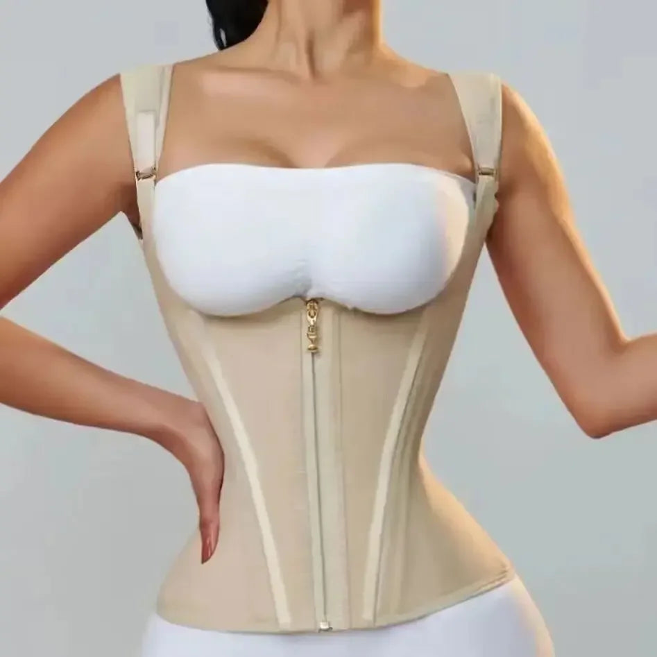 Cross-border high-elastic mesh waist seal 15 bone posture vest model belly drawstring belt zipper breasted retro shapewear top