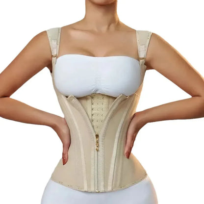 Cross-border high-elastic mesh waist seal 15 bone posture vest model belly drawstring belt zipper breasted retro shapewear top